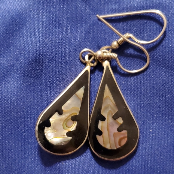 Jewelry - Vintage Abalone and Black Enamel Hook Earrings